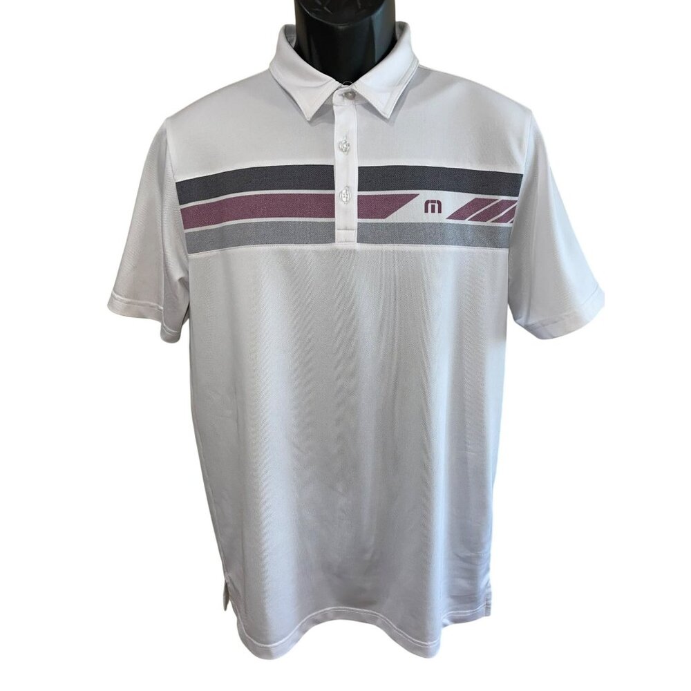 Travis Mathew Mens Polo Shirt White & Gray Striped Golf Apparel Size M